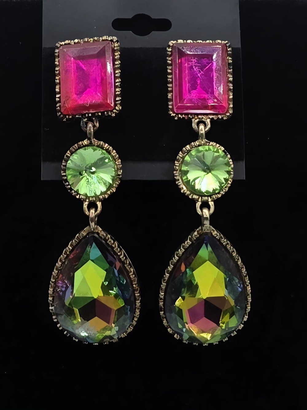 Multicolor Crystal Drop Earrings - Pink, Green, Yellow